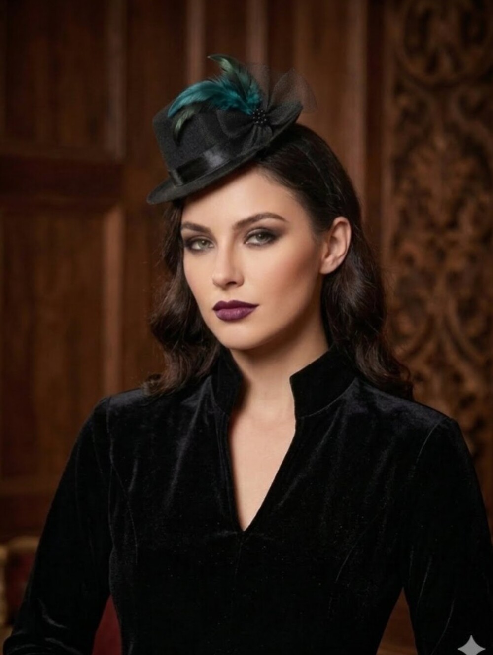 Curtain Call Costumes Black Mini Bowler Hat Headband Tulle Pearl Feather Accents